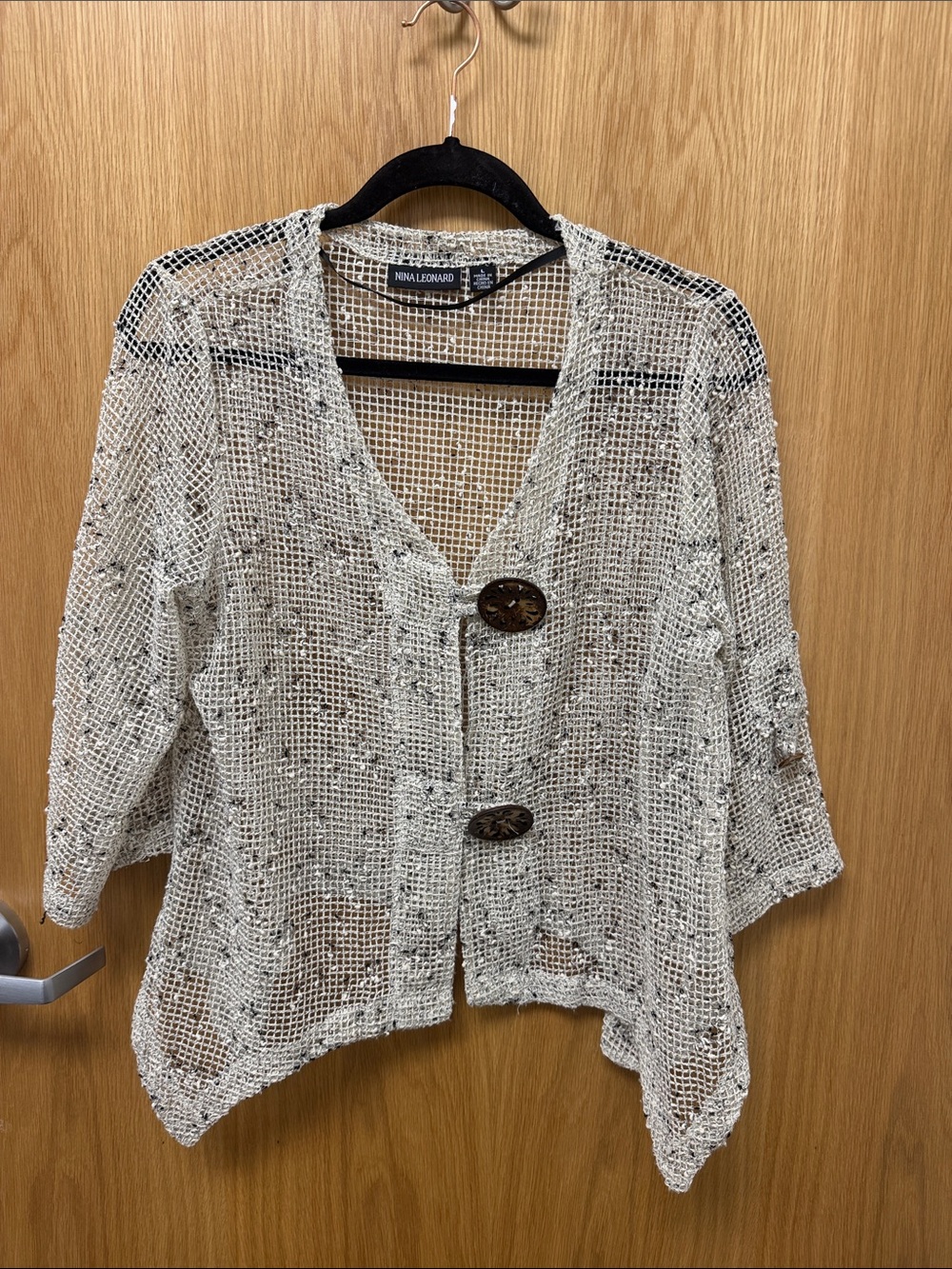 Nina Leonard Open-Weave Button Front Cardigan Loose Weave Sweater - Cream